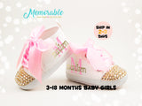 Handmade Baby Girl Shoes, Pink Gold Baby Girl Gift, Newborn gift, Baby Shower Gift for Girls, First Birthday Baby Girl Gift