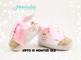 Personalized Pink and Gold Princess Crown Baby Girl Shoes – Elegant Tiara Design perfect for baby showers, photo shoots, and 1st birthday