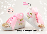 Personalized Pink and Gold Princess Crown Baby Girl Shoes – Elegant Tiara Design perfect for baby showers, photo shoots, and 1st birthday