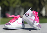 Personalized Minnie Mouse Peeking High-Top Baby Girl Booties – Unique and Memorable Baby Gift, Perfect for Photo Shoots