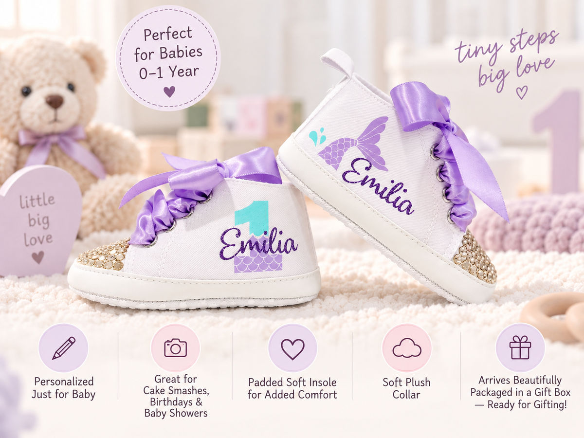 Personalized Mermaid First Birthday Shoes – Under the Sea Baby Girl Cake Smash Shoes