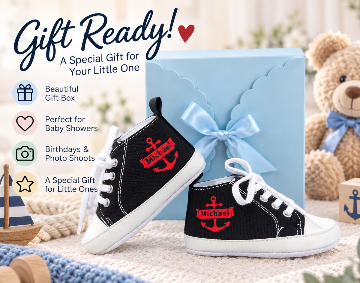 Personalized Nautical Baby Boy Shoes – Black Anchor Crib Sneakers & Baby Gift