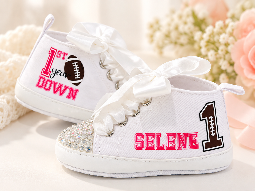 Personalized First Year Down Baby Girl Shoes – Football First Birthday & Cake Smash Sneakers