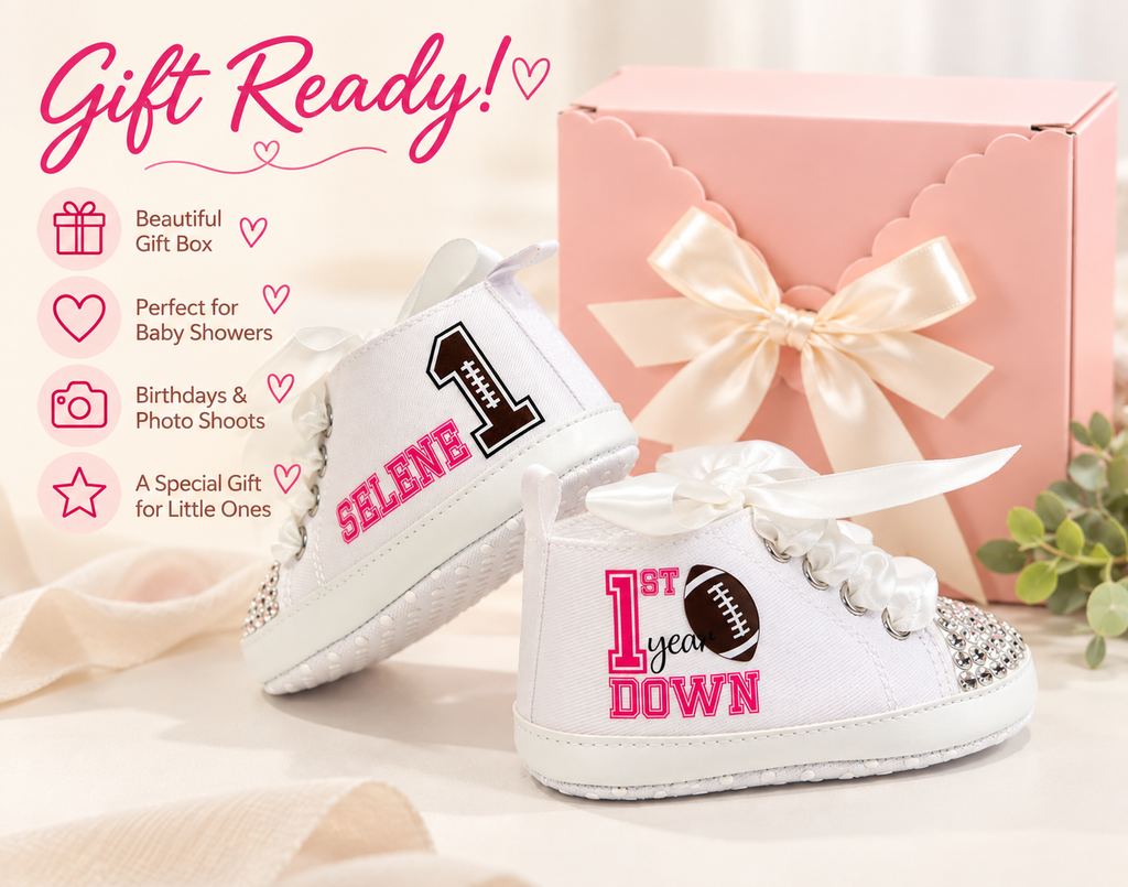 Personalized First Year Down Baby Girl Shoes – Football First Birthday & Cake Smash Sneakers