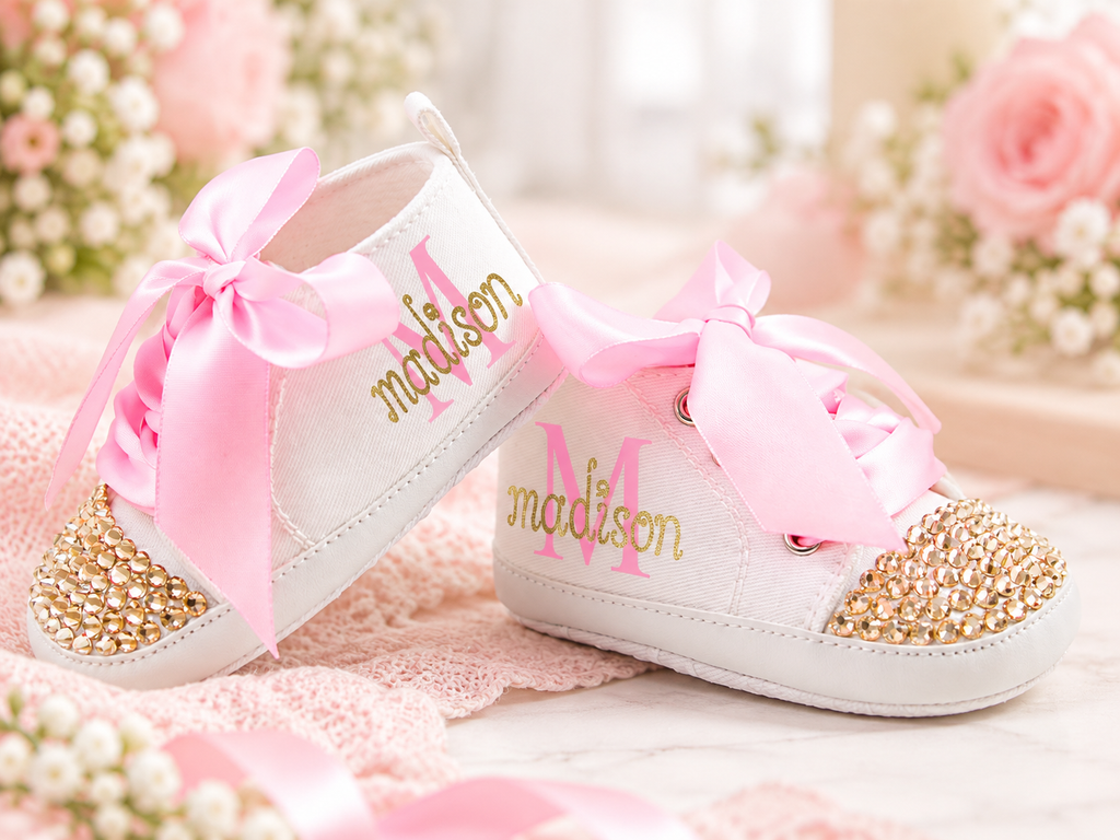 Personalized Baby Girl Shoes – Pink Gold Monogram Soft Sole Crib Sneakers & Baby Gift