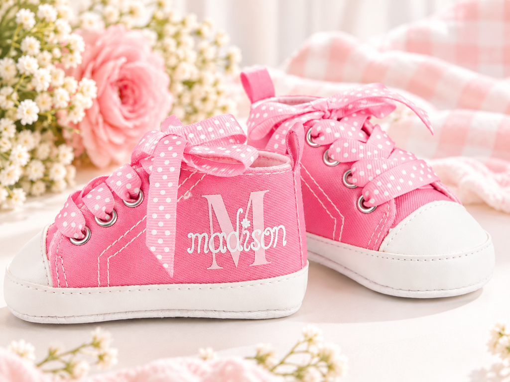 Personalized Baby Girl Shoes – Pink Monogram Soft Sole Crib Sneakers & Baby Gift