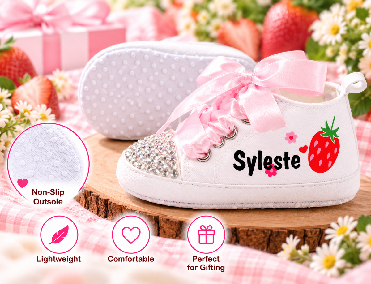 Personalized Strawberry First Birthday Shoes – Berry Sweet One Baby Girl Cake Smash Sneakers