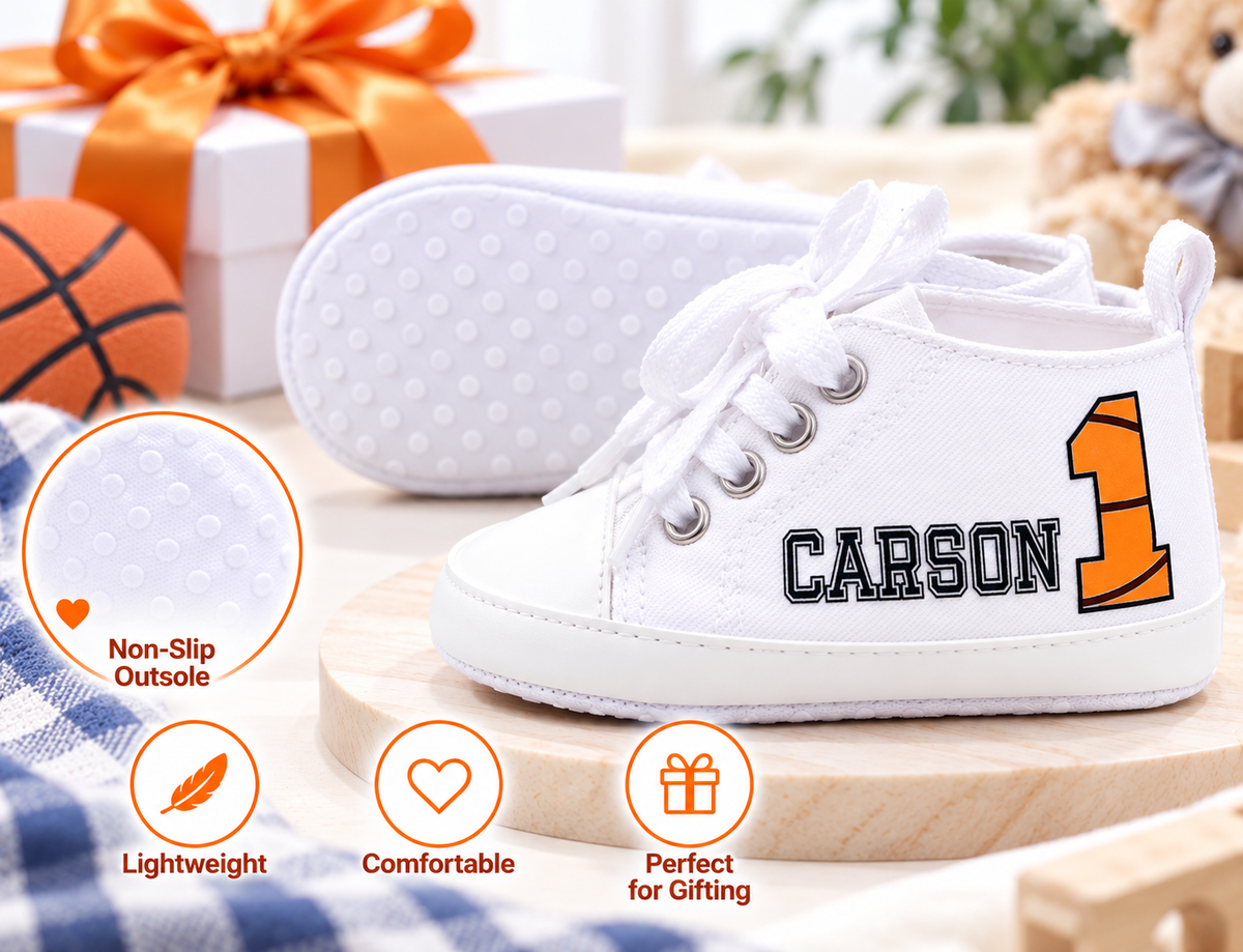 Personalized Rookie of the Year Baby Boy Shoes – Basketball First Birthday & Cake Smash Sneakers