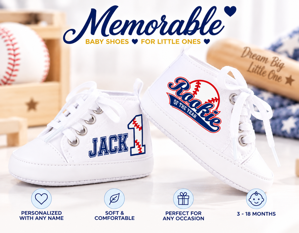 Personalized Rookie of the Year Baby Boy Shoes – Baseball First Birthday & Cake Smash Sneakers