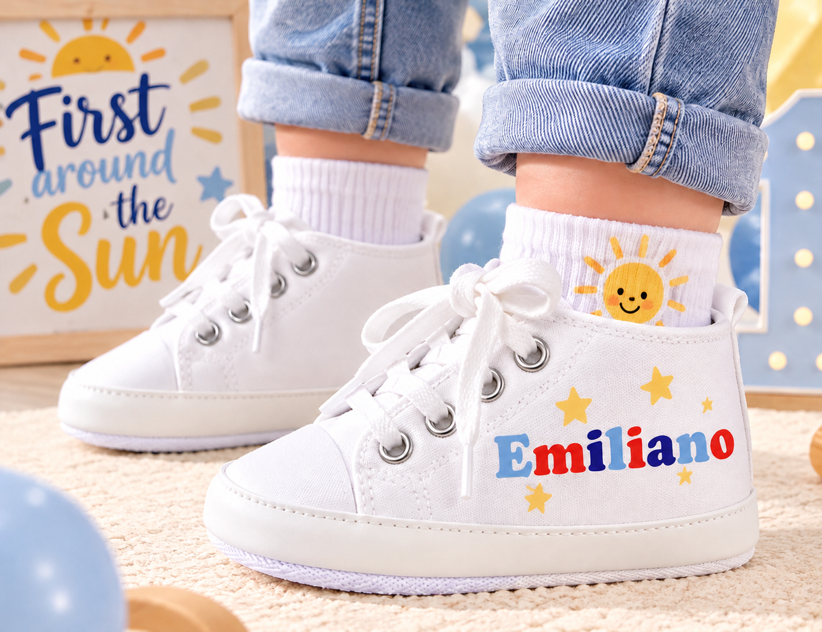 Personalized First Trip Around the Sun Baby Boy Shoes – Rocket Astronaut First Birthday & Cake Smash Sneakers