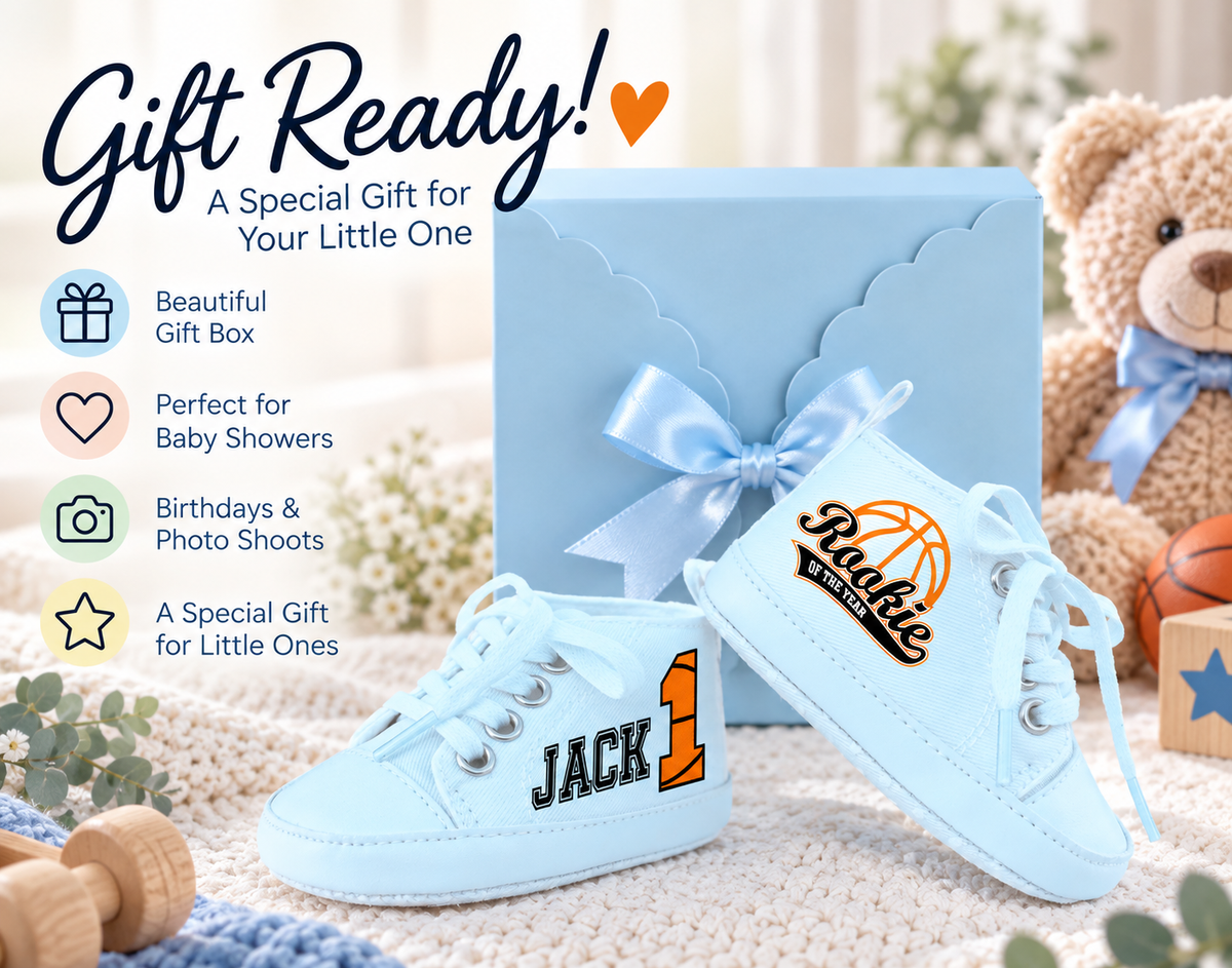 Personalized Rookie of the Year Baby Boy Shoes – Basketball First Birthday & Cake Smash Sneakers