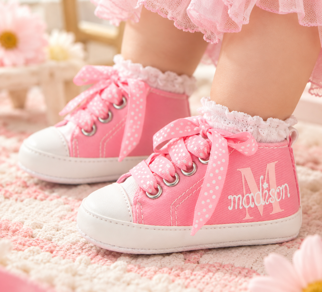 Personalized Baby Girl Shoes – Pink Monogram Soft Sole Crib Sneakers & Baby Gift