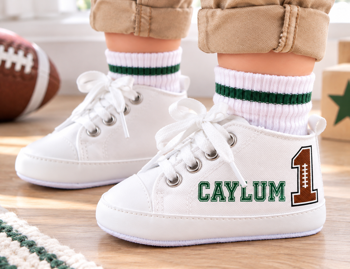 Personalized First Year Down Baby Boy Shoes – Football First Birthday & Cake Smash Sneakers