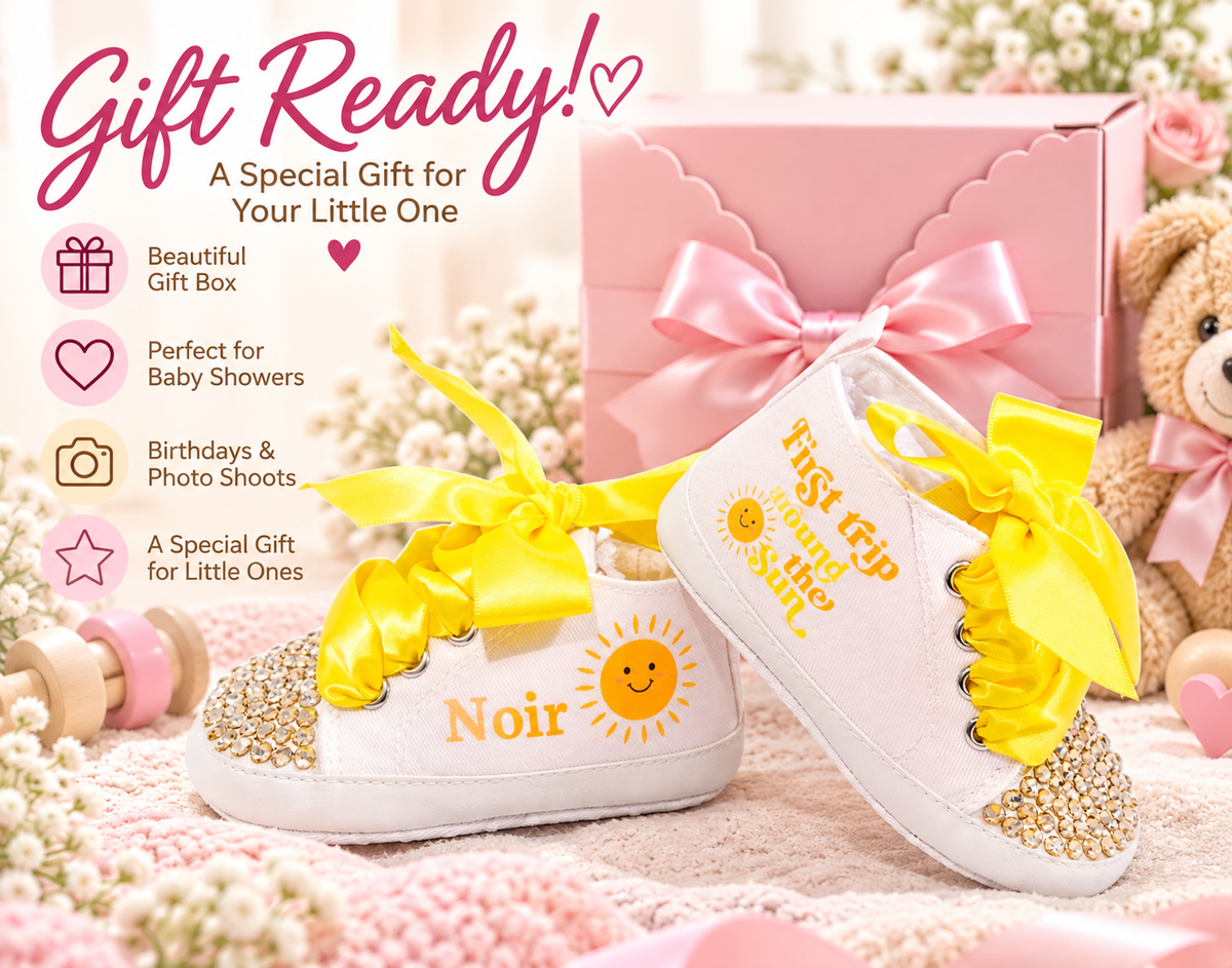Personalized First Trip Around the Sun Baby Girl Shoes – 1st Birthday & Cake Smash Sneakers