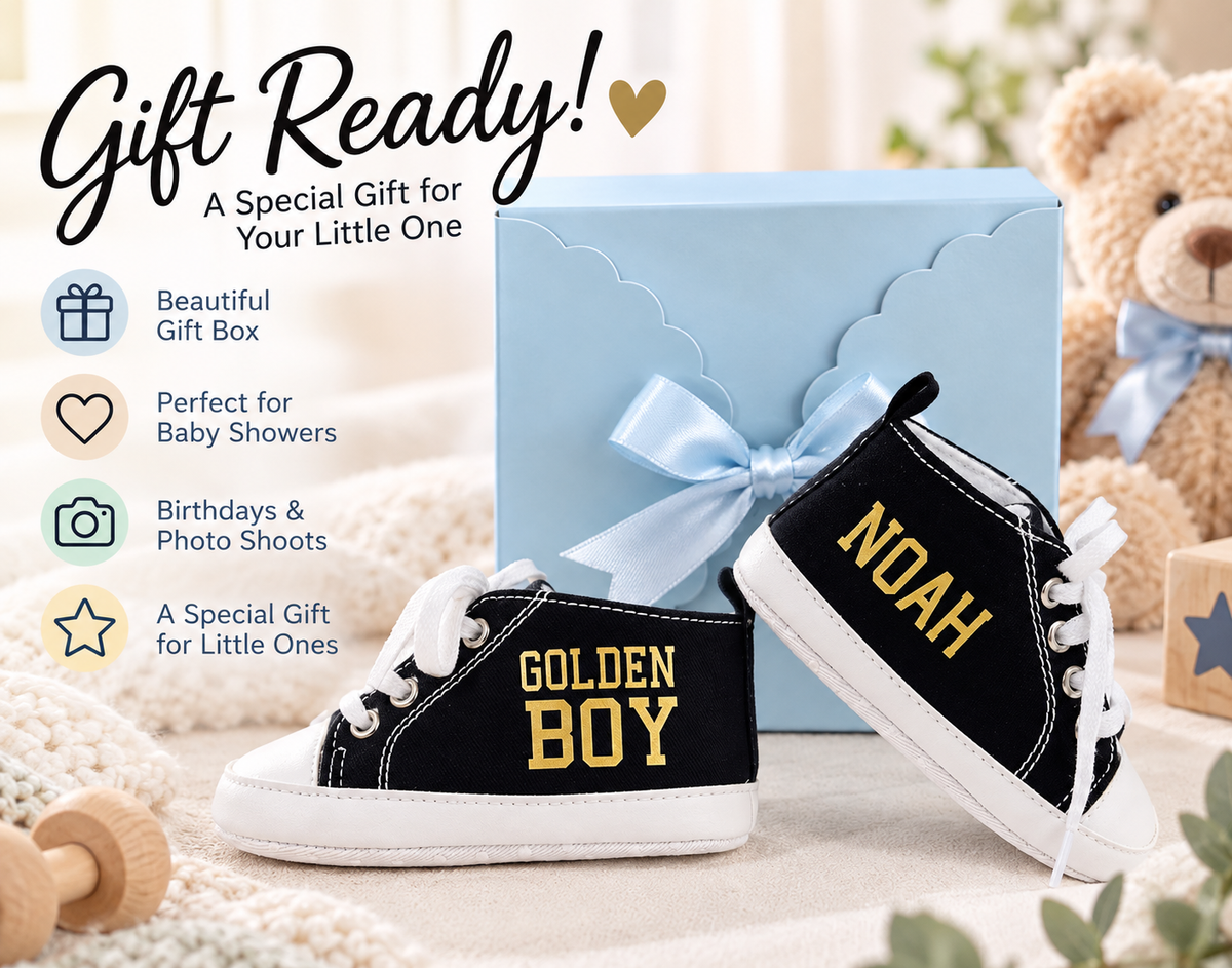 Personalized Baby Boy Shoes – Golden Boy Black Soft Sole Crib Sneakers & Baby Gift