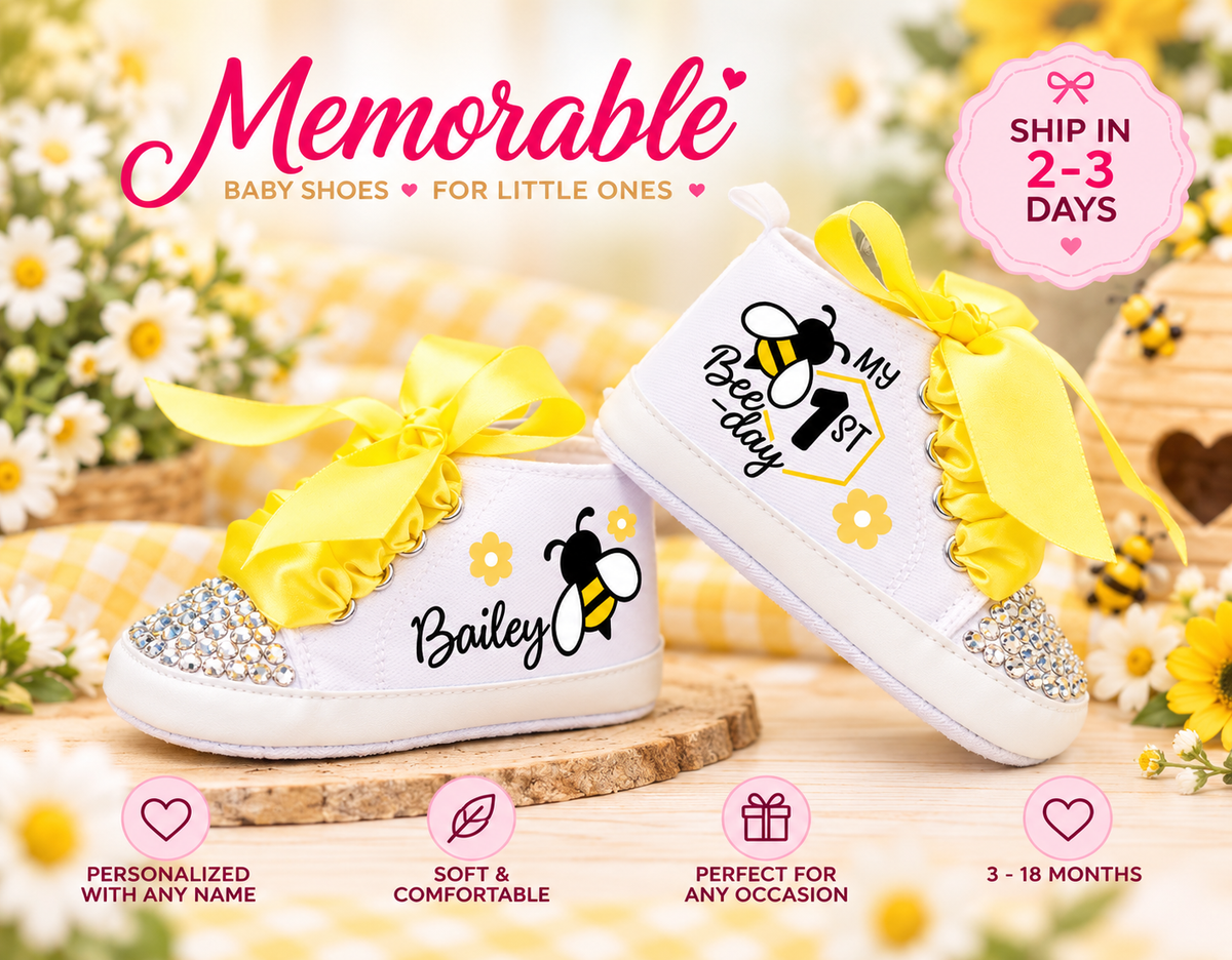 Personalized First Bee Day Baby Girl Shoes – Bee First Birthday & Cake Smash Sneakers