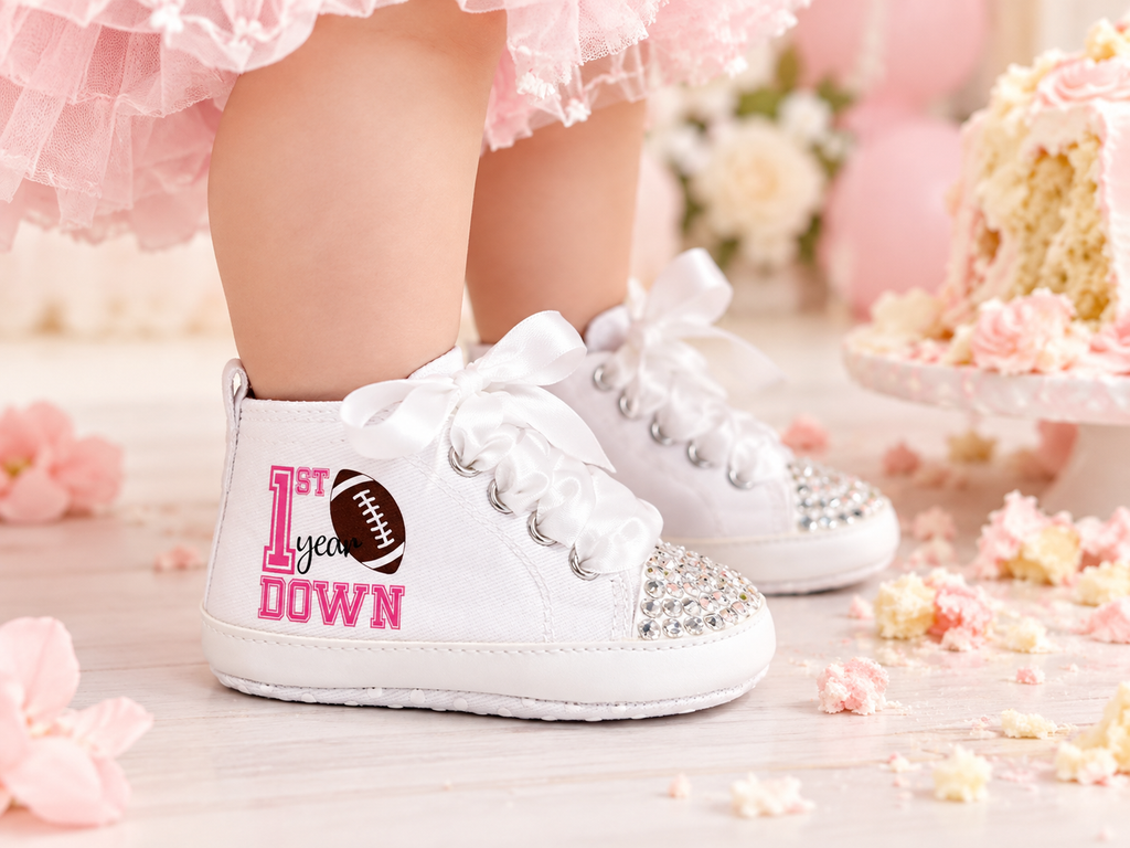 Personalized First Year Down Baby Girl Shoes – Football First Birthday & Cake Smash Sneakers