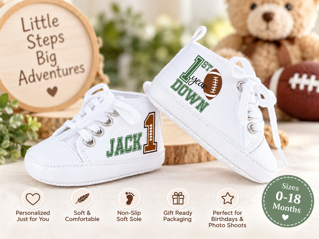 Personalized First Year Down Baby Boy Shoes – Football First Birthday & Cake Smash Sneakers