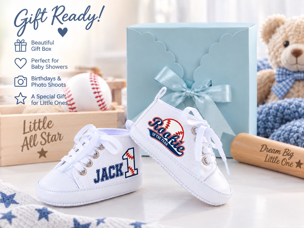 Personalized Rookie of the Year Baby Boy Shoes – Baseball First Birthday & Cake Smash Sneakers