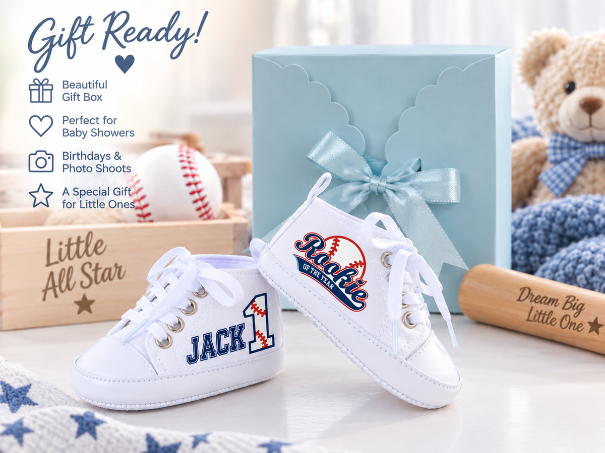 Personalized Rookie of the Year Baby Boy Shoes – Baseball First Birthday & Cake Smash Sneakers