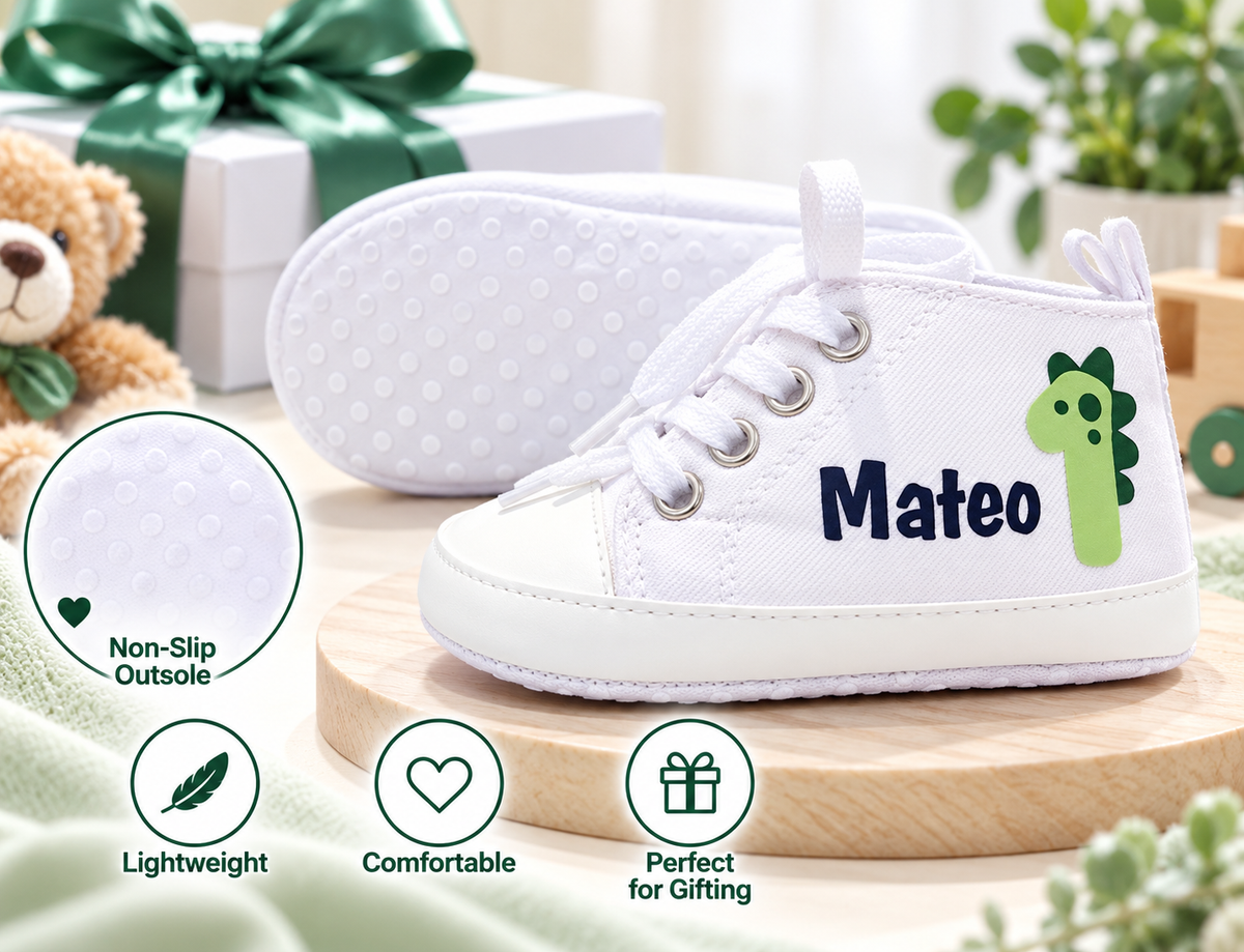 Personalized Dinosaur First Birthday Baby Boy Shoes – Dino Cake Smash Sneakers