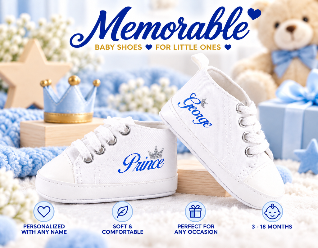 Personalized Prince Baby Boy Shoes – Silver Crown Soft Sole Crib Sneakers & Baby Gift
