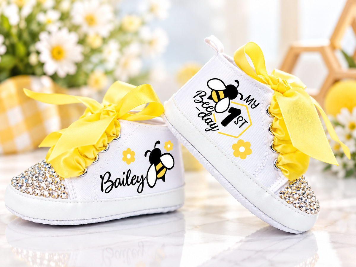 Personalized First Bee Day Baby Girl Shoes – Bee First Birthday & Cake Smash Sneakers