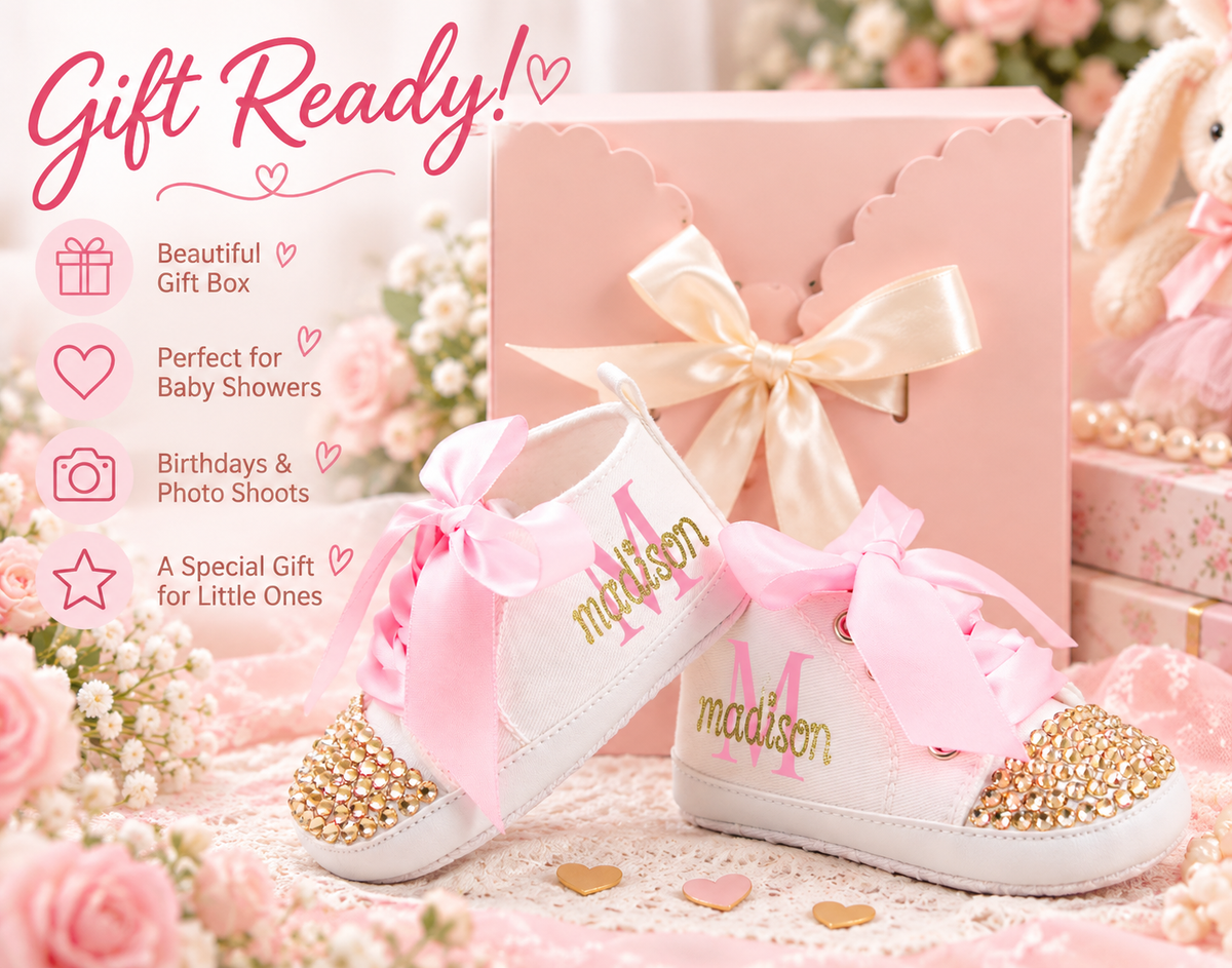 Personalized Baby Girl Shoes – Pink Gold Monogram Soft Sole Crib Sneakers & Baby Gift