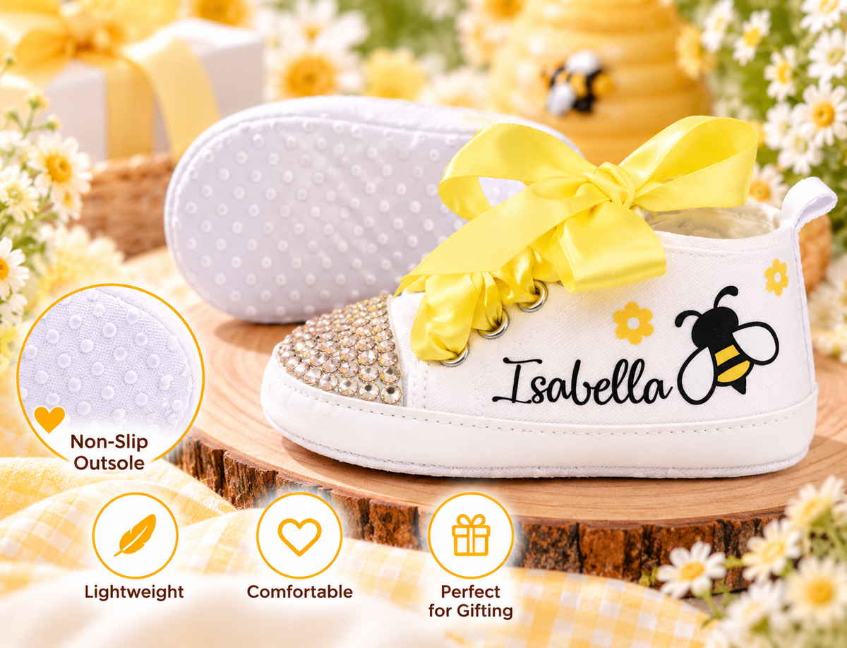 Personalized First Bee Day Baby Girl Shoes – Bee First Birthday & Cake Smash Sneakers