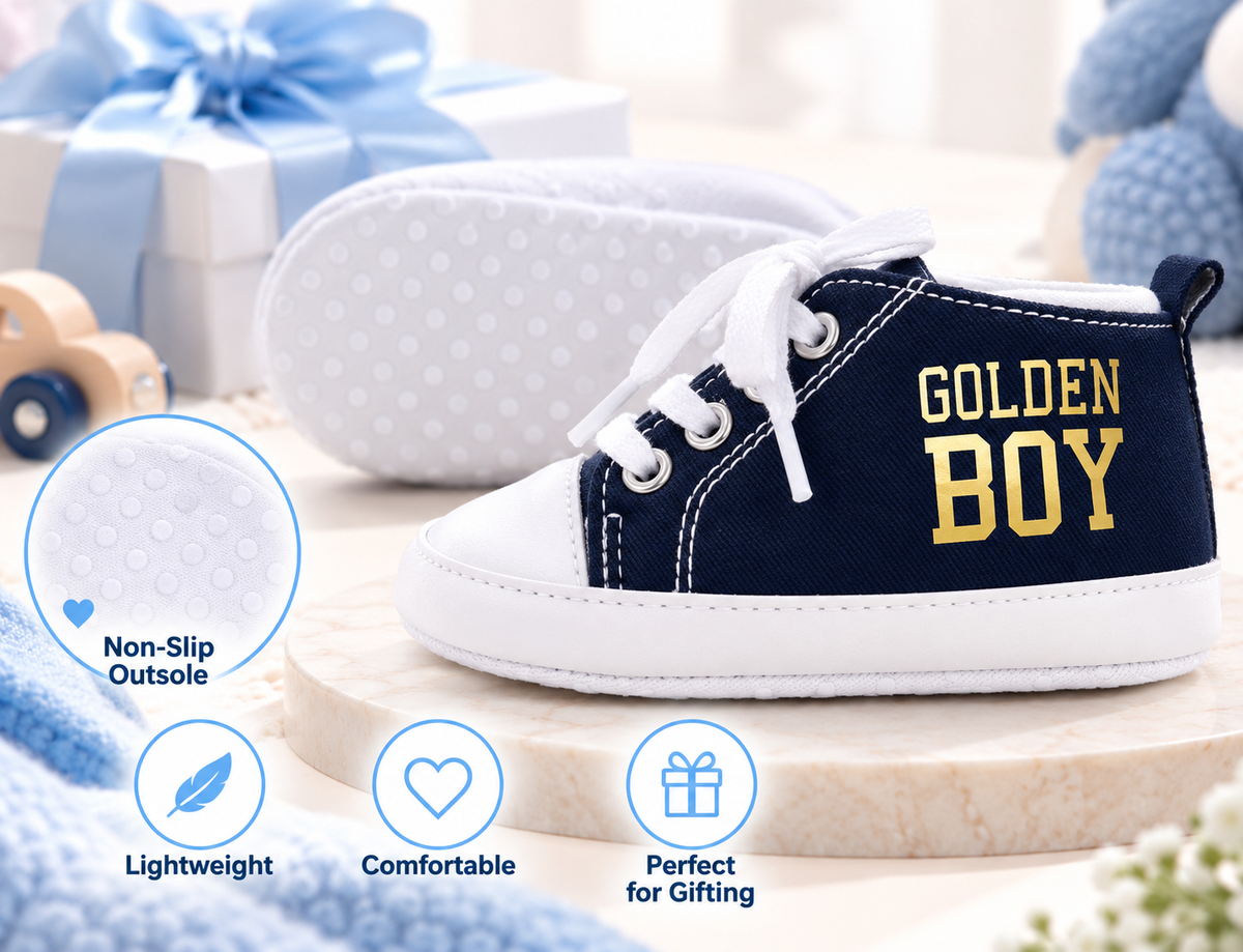 Personalized Baby Boy Shoes – Golden Boy Black Soft Sole Crib Sneakers & Baby Gift
