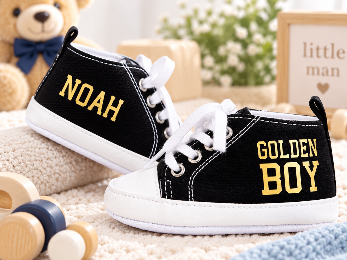 Personalized Baby Boy Shoes – Golden Boy Black Soft Sole Crib Sneakers & Baby Gift