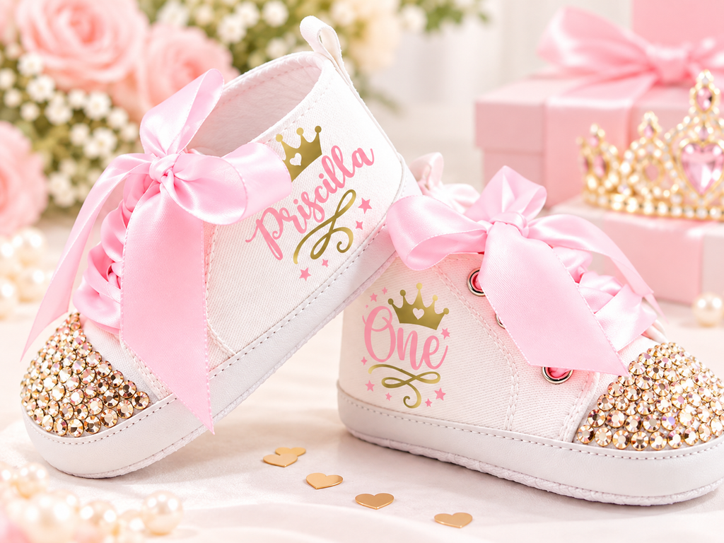Personalized Princess First Birthday Baby Shoes – Gold Crown Birthday Sneakers for Girls