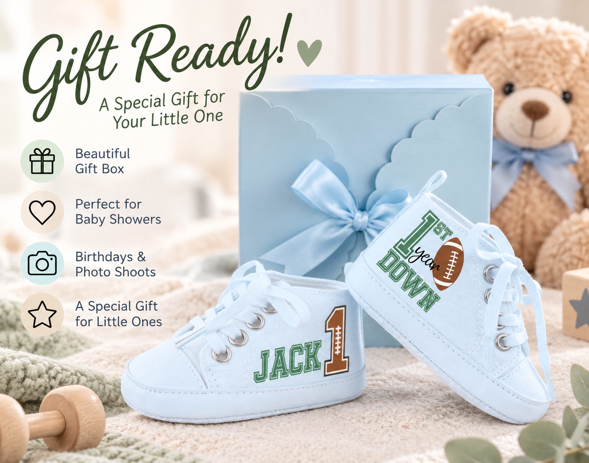Personalized First Year Down Baby Boy Shoes – Football First Birthday & Cake Smash Sneakers