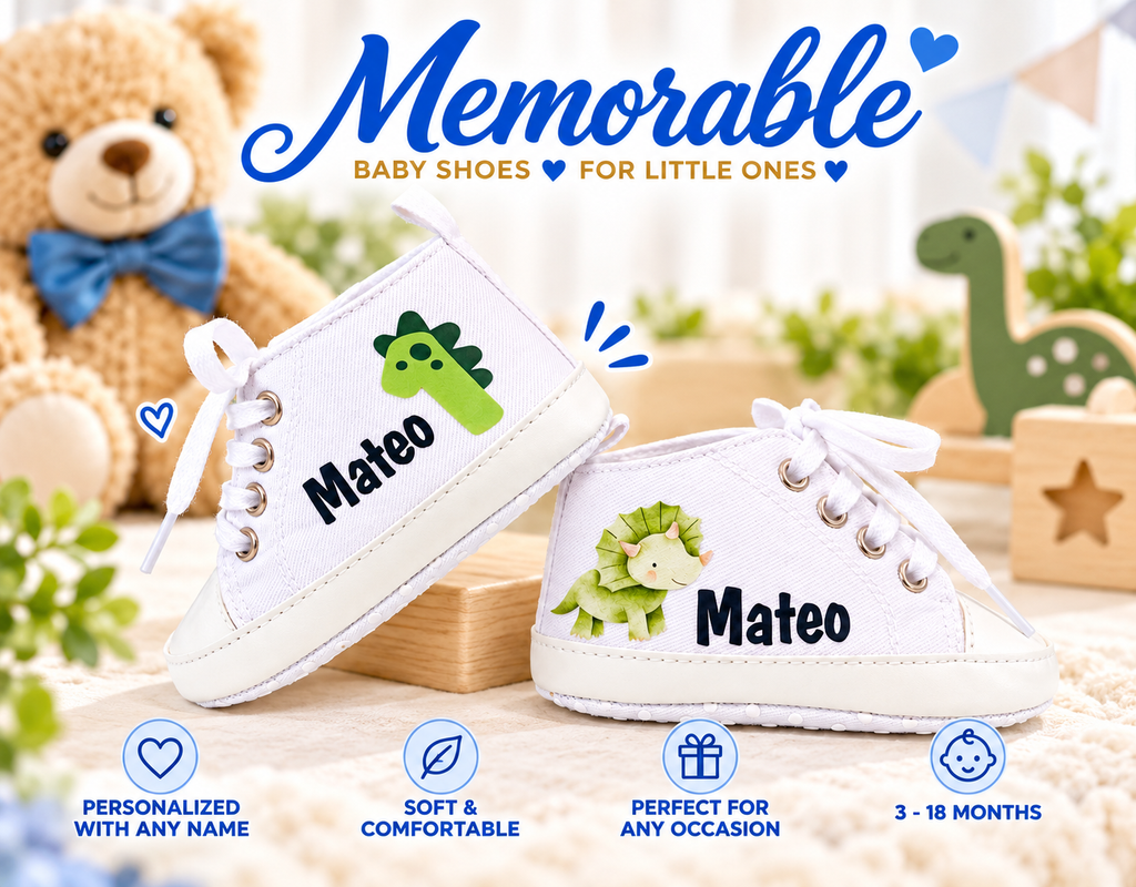Personalized Dinosaur First Birthday Baby Boy Shoes – Dino Cake Smash Sneakers