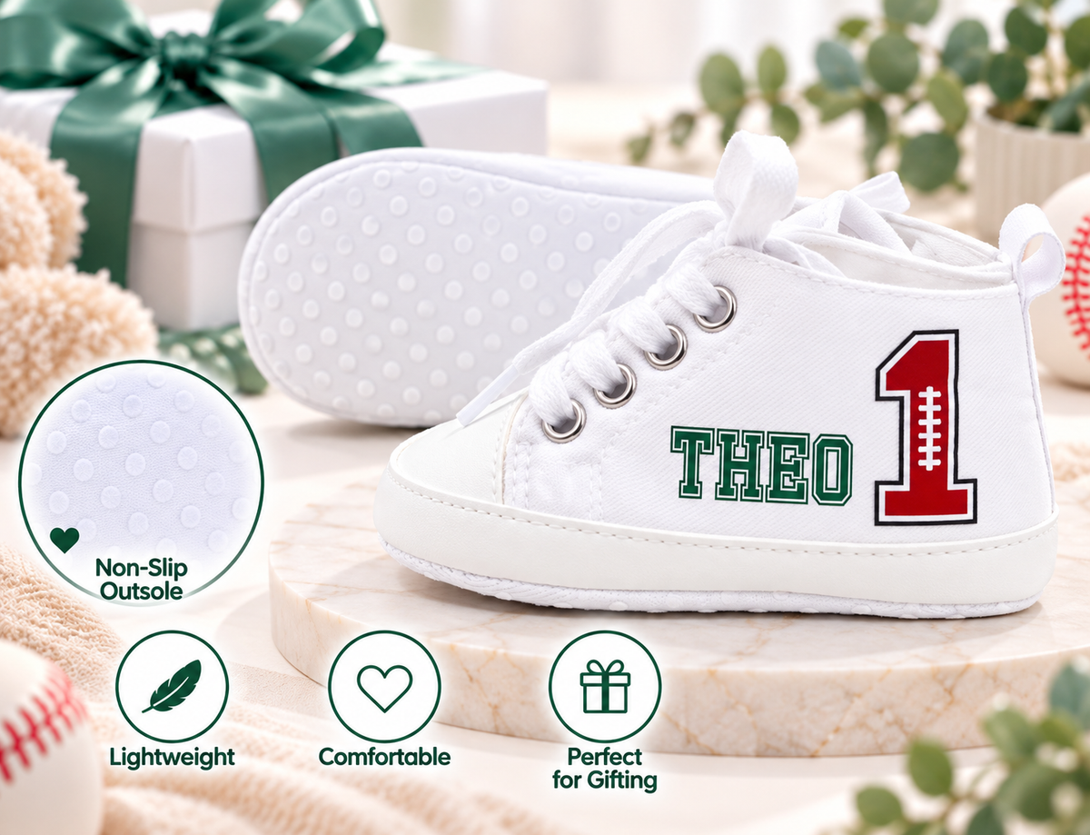 Personalized First Year Down Baby Boy Shoes – Football First Birthday & Cake Smash Sneakers