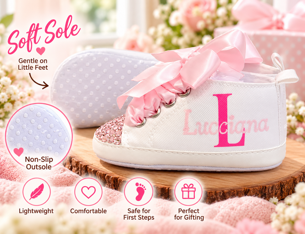 Personalized Baby Girl Shoes – Pink Monogram Soft Sole Crib Sneakers & Baby Gift