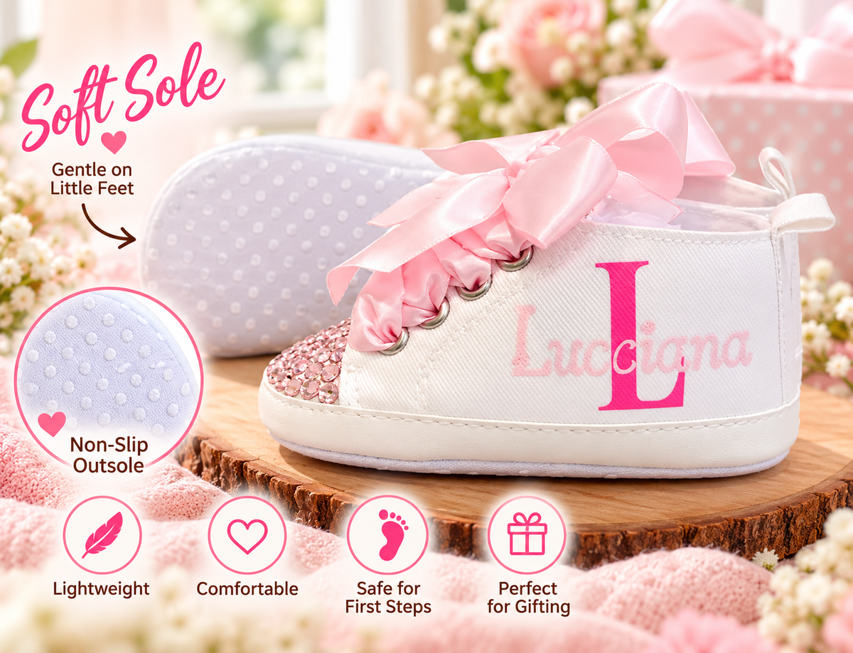Personalized Baby Girl Shoes – Pink Monogram Soft Sole Crib Sneakers & Baby Gift
