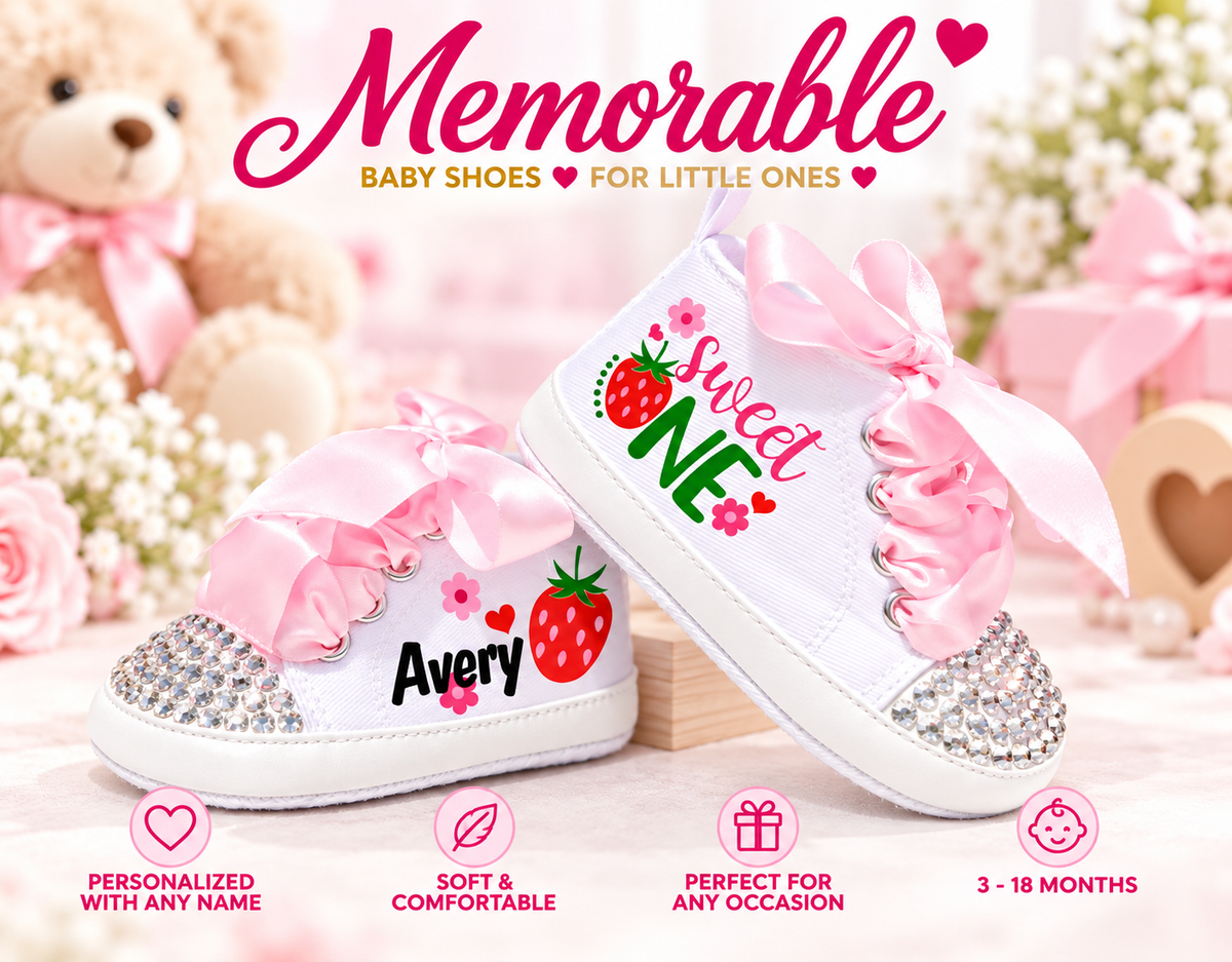 Personalized Strawberry First Birthday Shoes – Berry Sweet One Baby Girl Cake Smash Sneakers