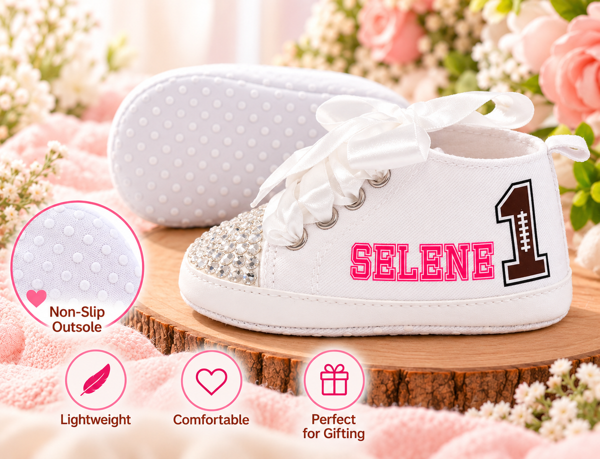 Personalized First Year Down Baby Girl Shoes – Football First Birthday & Cake Smash Sneakers
