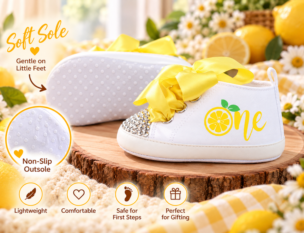 Personalized Baby Girl First Birthday Shoes – One Sweet Lemon Lemonade Cake Smash Shoes