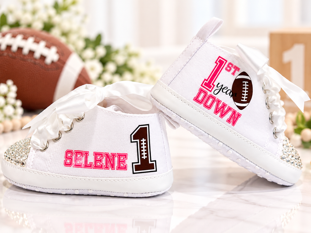 Personalized First Year Down Baby Girl Shoes – Football First Birthday & Cake Smash Sneakers