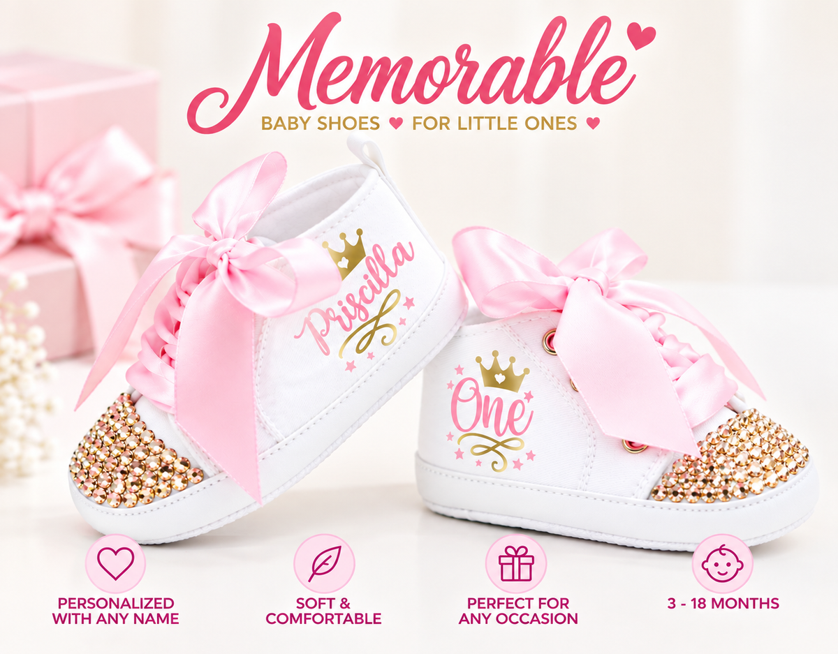 Personalized Princess First Birthday Baby Shoes – Gold Crown Birthday Sneakers for Girls