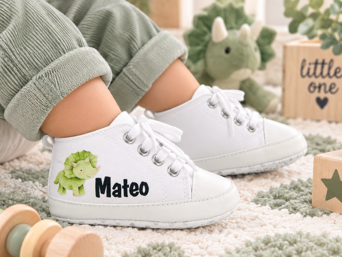 Personalized Dinosaur First Birthday Baby Boy Shoes – Dino Cake Smash Sneakers