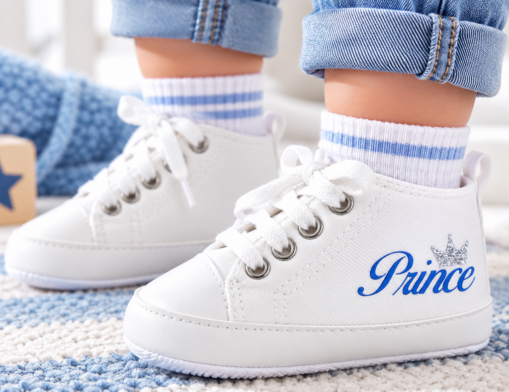 Personalized Prince Baby Boy Shoes – Silver Crown Soft Sole Crib Sneakers & Baby Gift