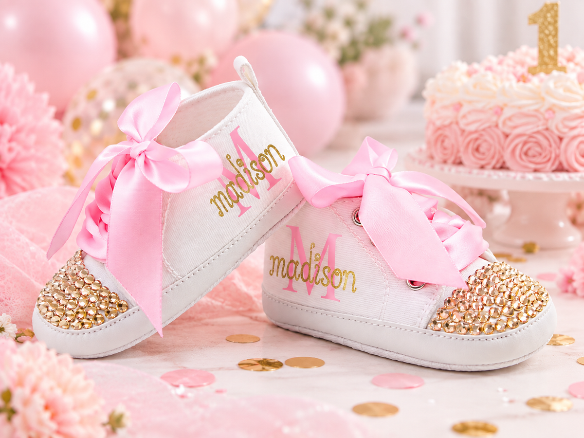 Personalized Baby Girl Shoes – Pink Gold Monogram Soft Sole Crib Sneakers & Baby Gift