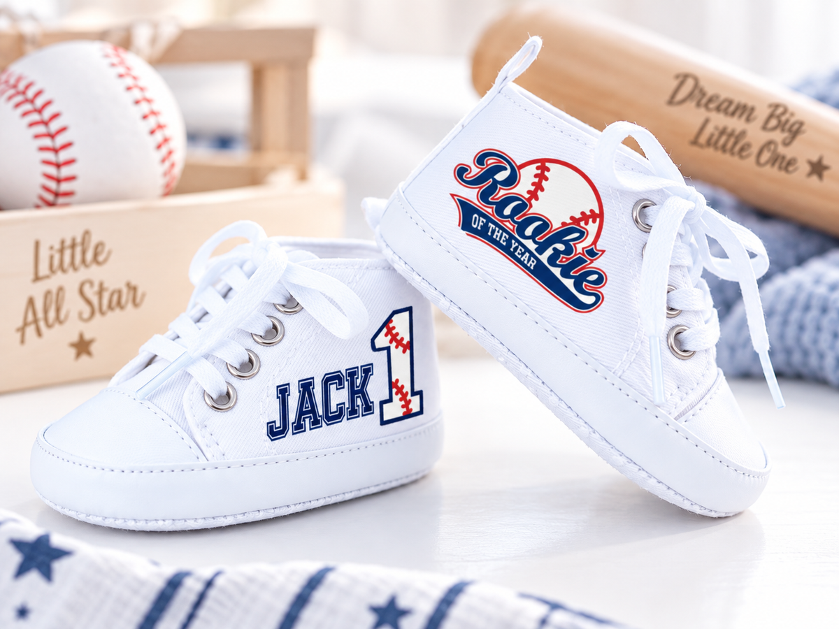Personalized Rookie of the Year Baby Boy Shoes – Baseball First Birthday & Cake Smash Sneakers