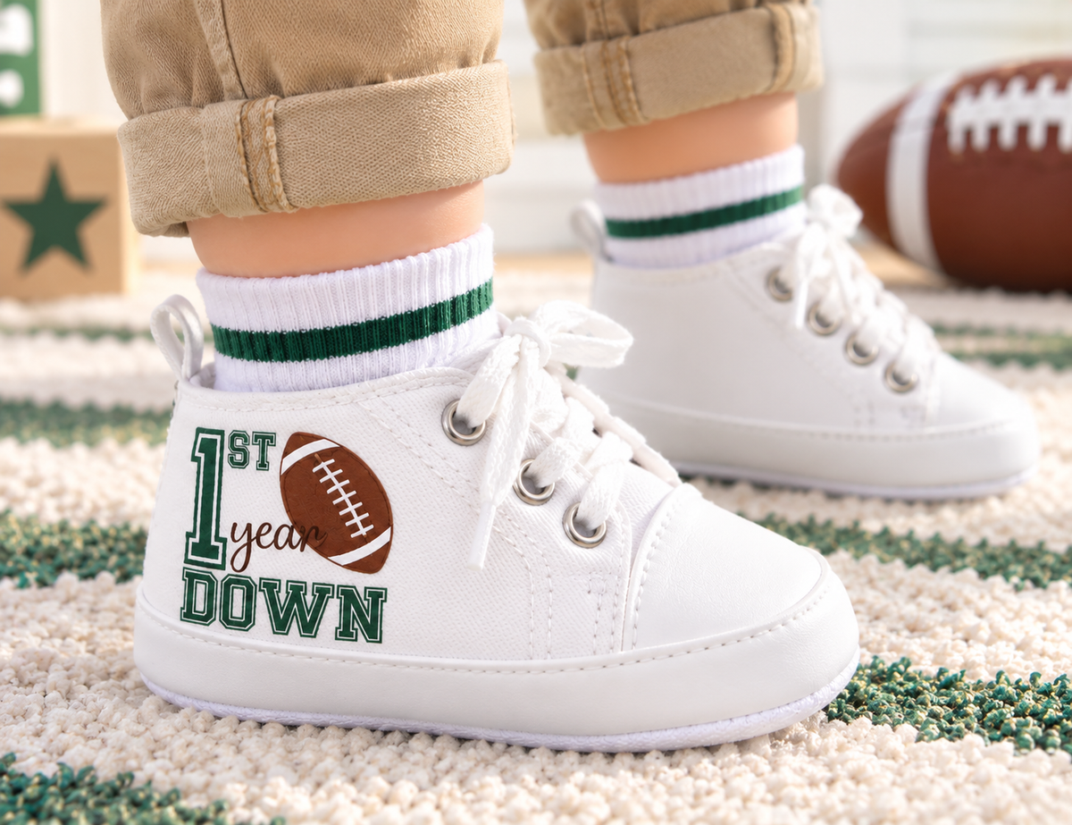 Personalized First Year Down Baby Boy Shoes – Football First Birthday & Cake Smash Sneakers