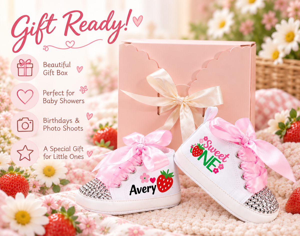 Personalized Strawberry First Birthday Shoes – Berry Sweet One Baby Girl Cake Smash Sneakers