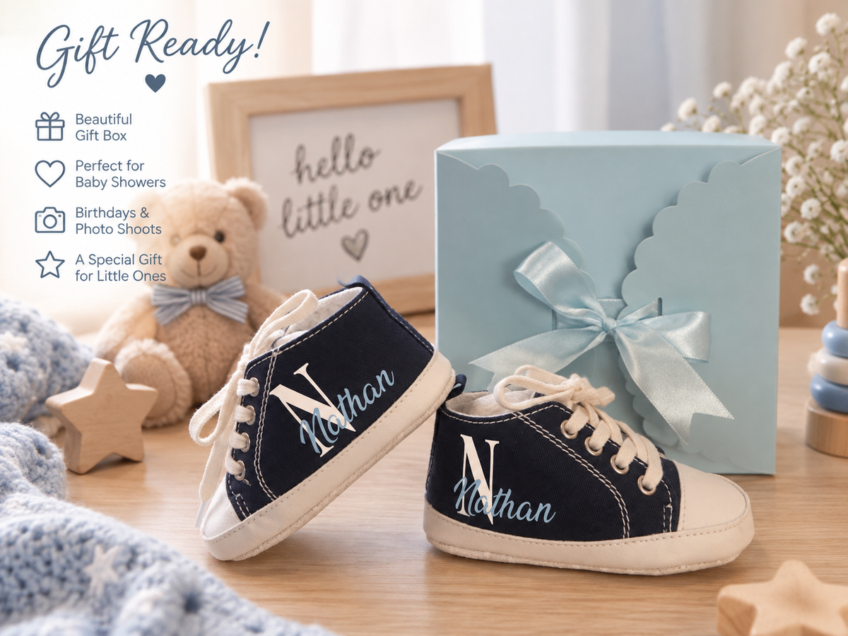 Personalized Baby Boy Shoes – Blue Monogram Soft Sole Crib Sneakers & Baby Gift
