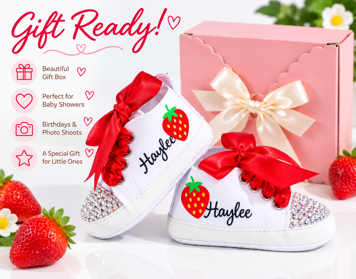 Personalized Strawberry Baby Girl Shoes – Berry Sweet Birthday & Baby Shower Gift